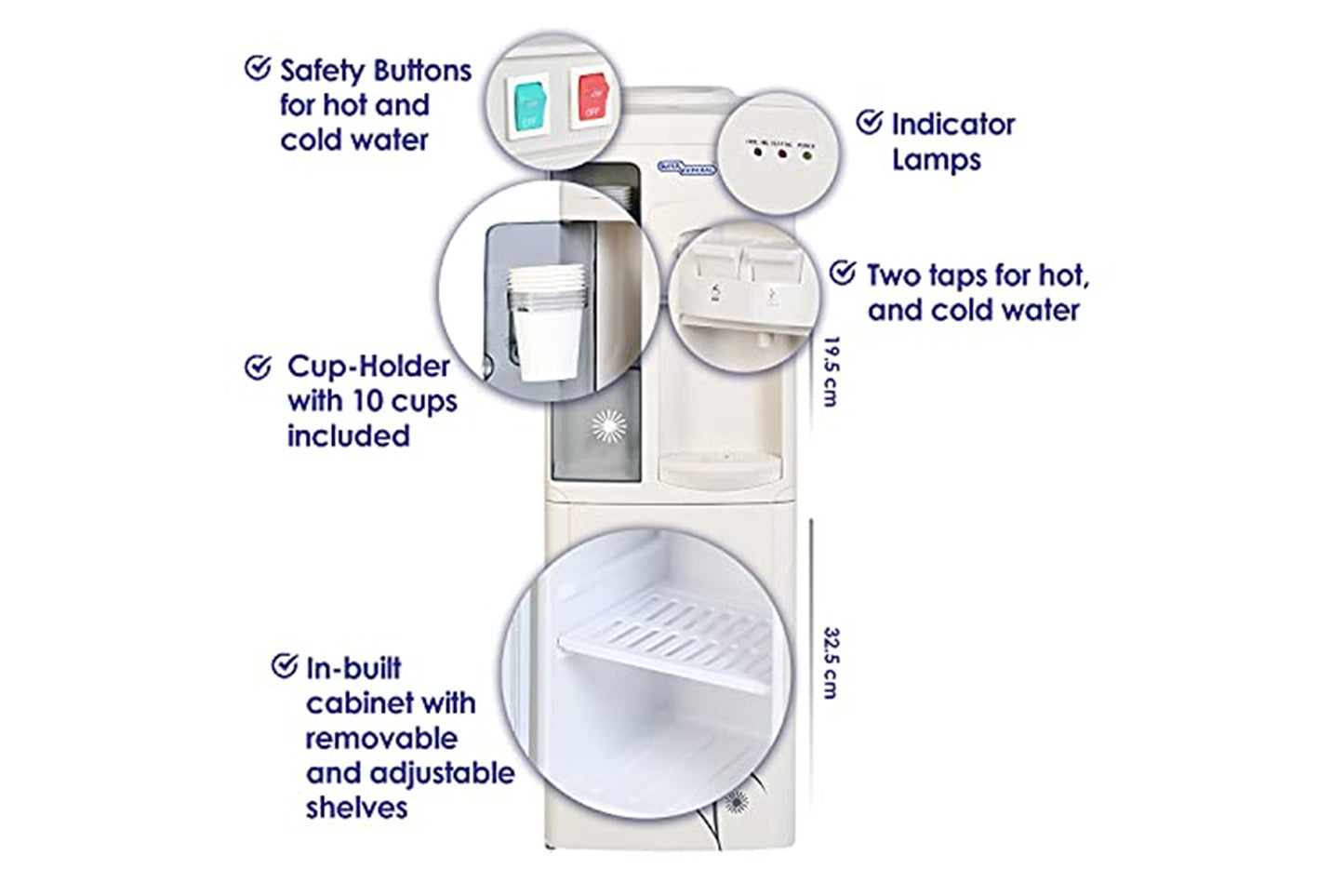 Super General Hot and Cold Water Dispenser, Water-Cooler with Cabinet and Cup-Holder, SGL-1171 Instant-Hot-Water, 2 Taps