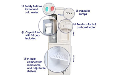 Super General Hot and Cold Water Dispenser, Water-Cooler with Cabinet and Cup-Holder, SGL-1171 Instant-Hot-Water, 2 Taps