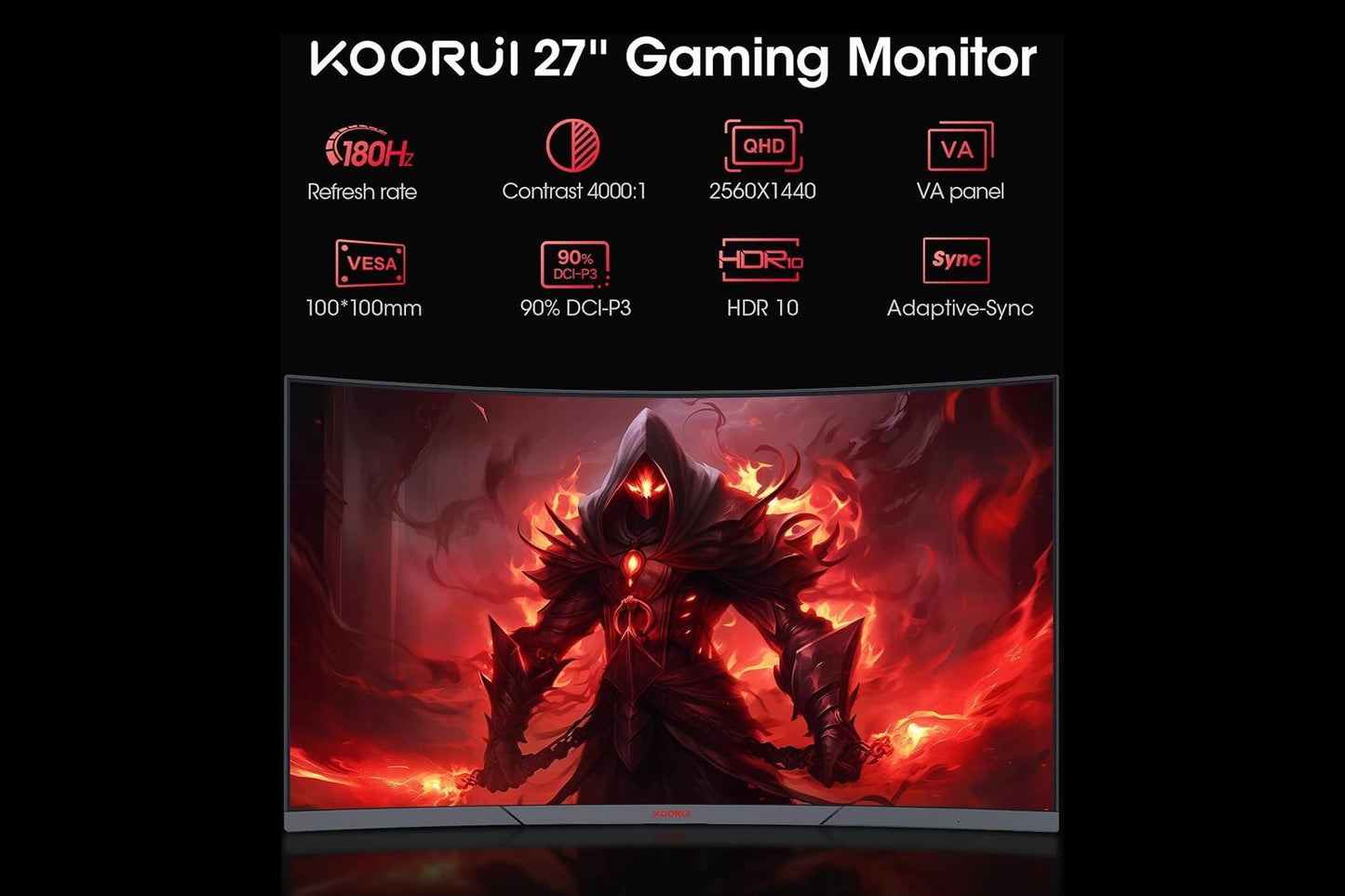 KOORUI 27-Inch Gaming Curved Monitor VA QHD 2560 x 1440 180Hz 1ms 27E6QCA