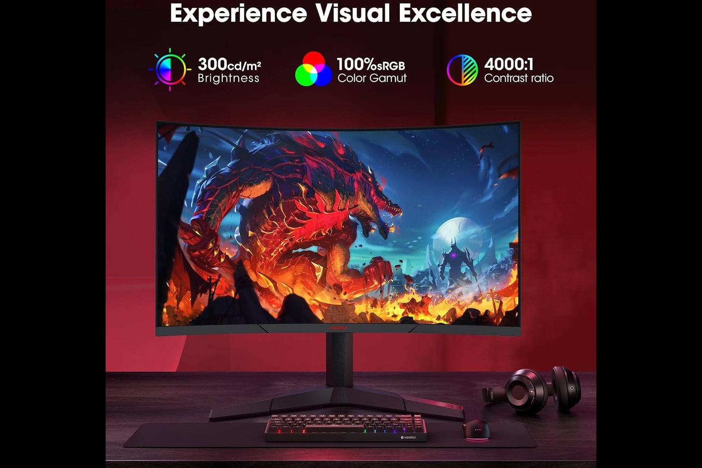 KOORUI 27-Inch Gaming Curved Monitor VA QHD 2560 x 1440 180Hz 1ms 27E6QCA